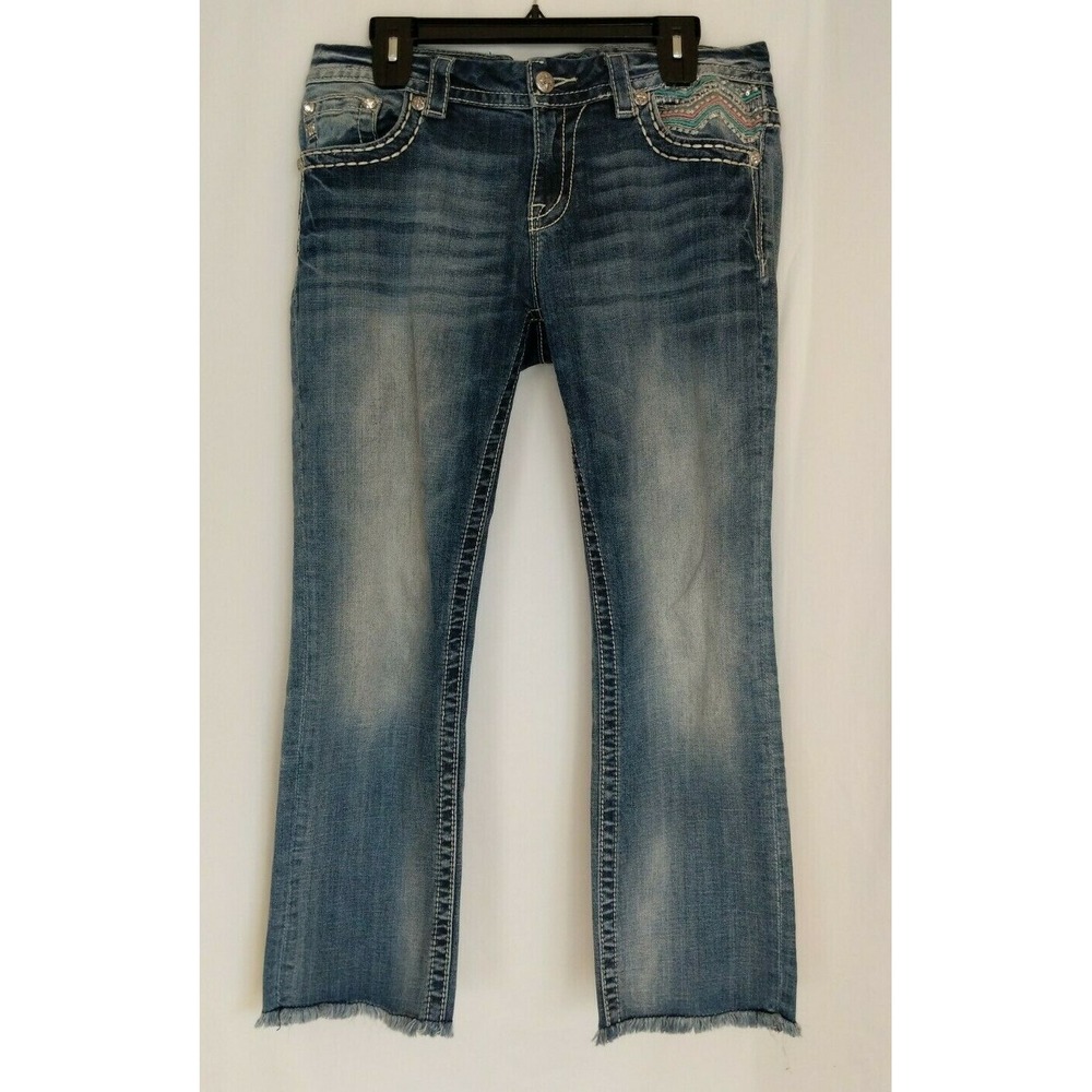 Miss Me Women's Sz 30 Mid Rise Easy Crop Jeans Rhinestone Embroidered Pockets